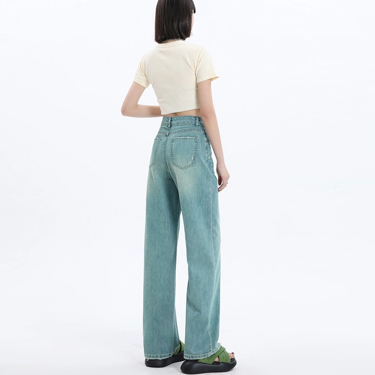 玫丝朵 美式破洞毛边设计高腰垂感阔腿牛仔裤 女款 翡翠绿