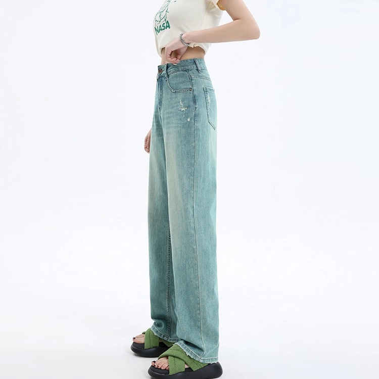 玫丝朵 美式破洞毛边设计高腰垂感阔腿牛仔裤 女款 翡翠绿