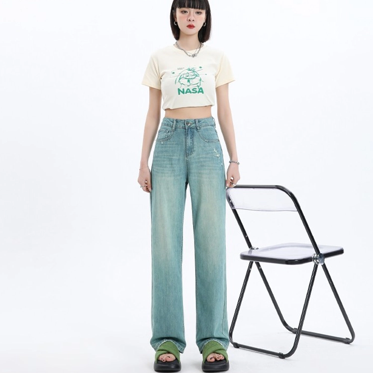 玫丝朵 美式破洞毛边设计高腰垂感阔腿牛仔裤 女款 翡翠绿