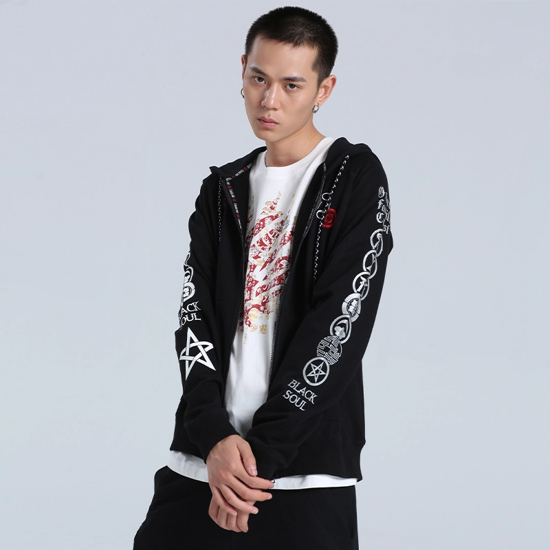 鬼洗 鬼洗家纹印绣花拼接开衫卫衣 男款 黑色