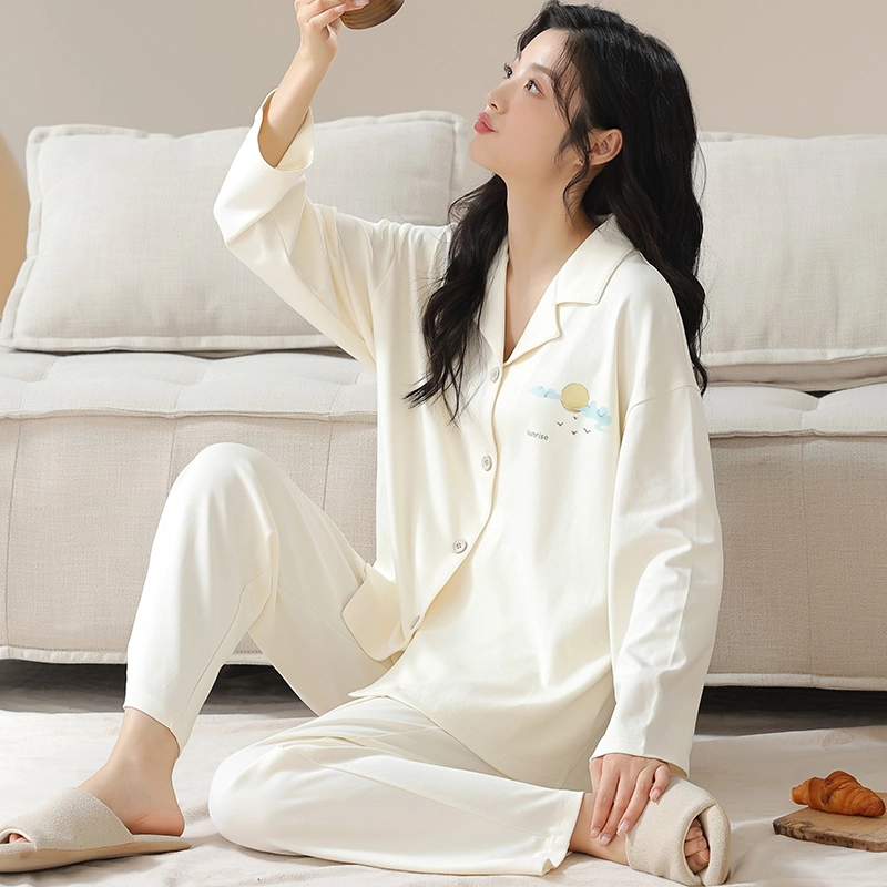 欧迪芬 亲肤舒适开衫翻领长袖长裤纯色休闲甜美优雅大气竹叶图案睡衣套装 女款 白色