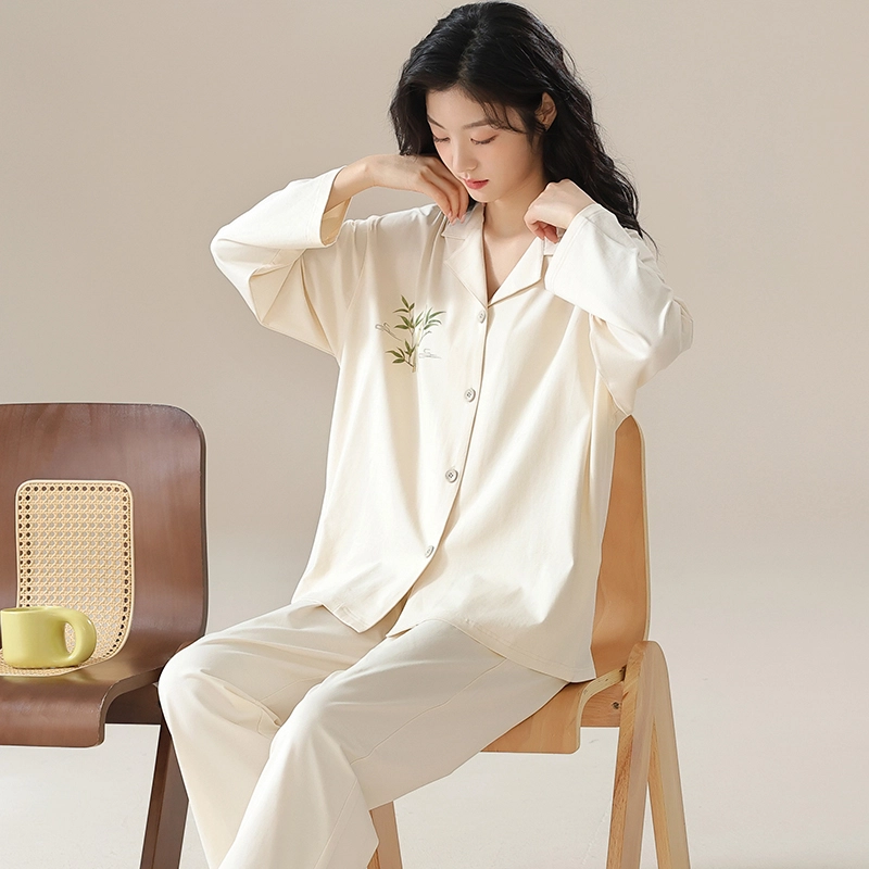 欧迪芬 亲肤舒适开衫翻领长袖长裤纯色休闲甜美优雅大气竹叶图案睡衣套装 女款 白色