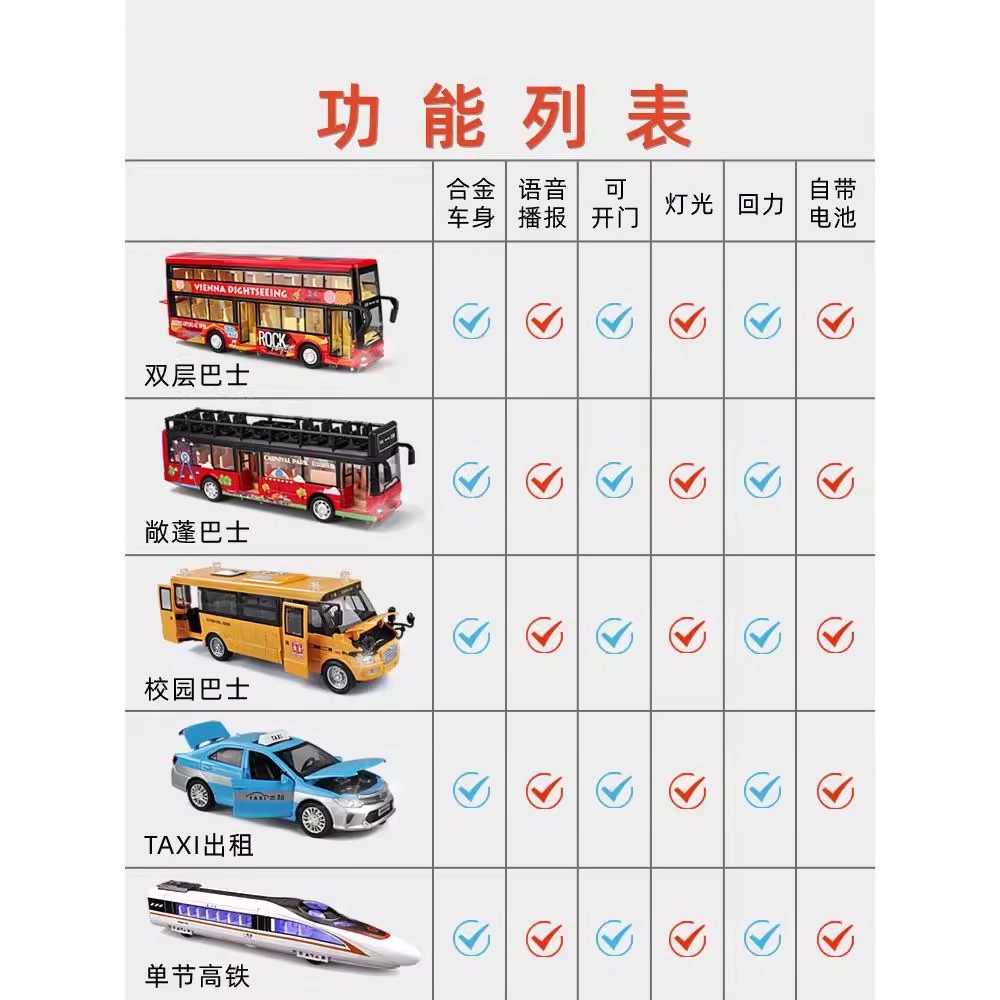 卡威 城市交通 公交车玩具校车双层巴士合金出租车套装 成品模型