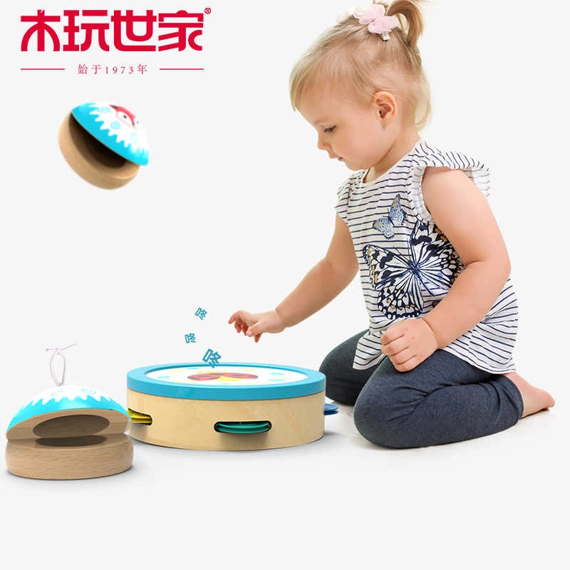 木玩世家 响板铃鼓打击乐器手拍鼓手摇铃鼓木制 早教益智玩具