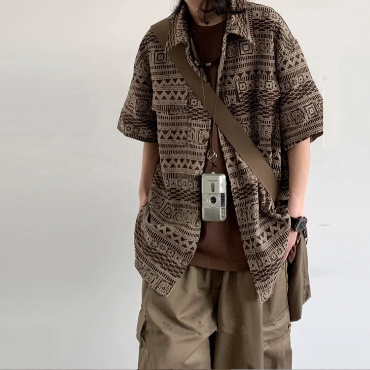 寻星记 美式复古波西米亚风工装口袋慵懒感文艺减龄中性短袖衬衫 男女同款