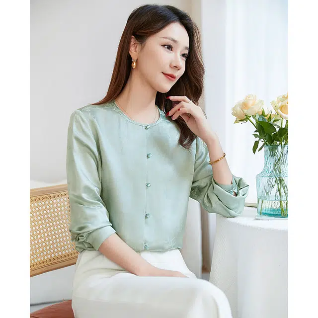 水墨佳人 夏桑蚕丝提花圆领衬衫 女款