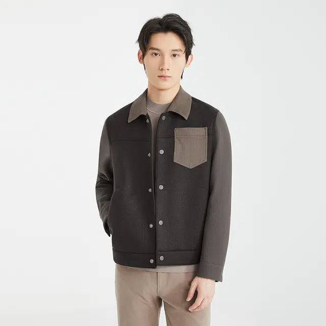 利郎 热燃科技保暖绵羊毛短款撞色翻领冬季大衣 男款