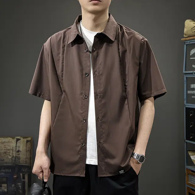 前进牛 美式未来主义潮牌经典轻商务老钱风高级感痞帅休闲夏季潮流宽松大码透气工装翻领衬衣短袖衬衫 男女同款