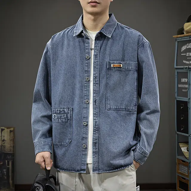 前进牛 秋季日系经典潮牌复古水洗外穿衬衫男潮流老钱风通勤翻领百搭宽松休闲上衣男牛仔外套 男款