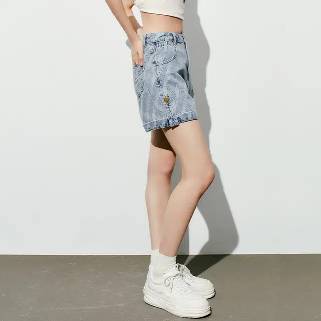 太平鸟女装 高腰阔腿牛仔短裤复古提花短裤子 女款 牛仔蓝