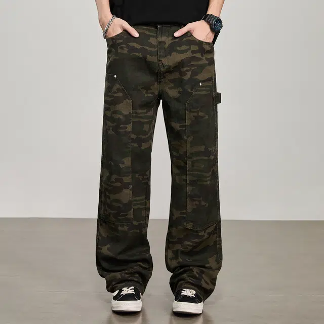 童先森 迷彩工装美式复古直筒阔腿潮牌宽松裤子牛仔裤 男款