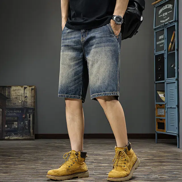 前进牛 美式休闲经典复古潮牌设计感夏季痞帅休闲潮流刺绣水洗五分裤牛仔短裤 男女同款