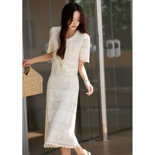 欧昵雪 夏季 高级感蕾丝时尚两件套小香风名媛开衫半身裙裙装套装 女款