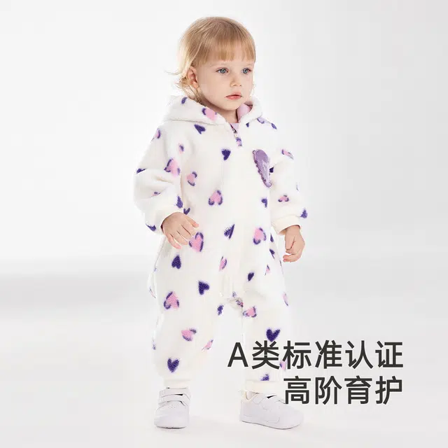 英氏 提花加绒连帽长袖连体衣 婴幼童