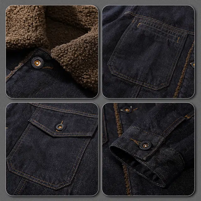 前进牛 冬季加绒保暖羊羔绒城市机能美式复古水洗工装翻领牛仔外套 男款