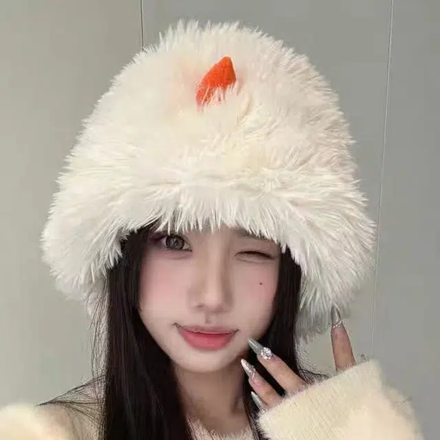 恩僾德 日常百搭小雪人毛绒小众高颜值可爱保暖包头显脸小 聚酯纤维 渔夫帽 男女同款情侣款