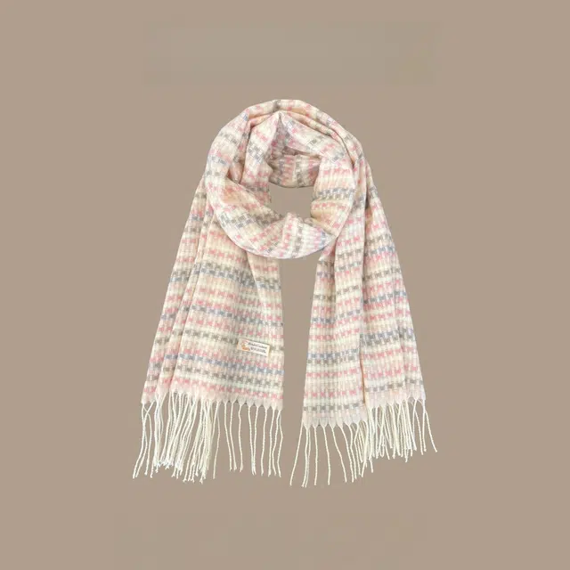 恩僾德 日系小清新浅小格子流苏保暖百搭 聚酯纤维 绒线围巾 男女同款情侣款
