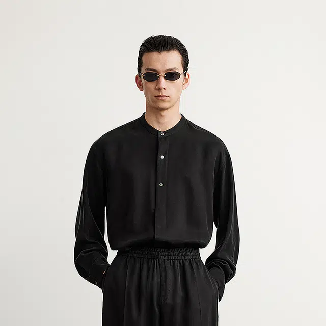 速写 纯色简约宽松立领衬衣垂感长袖衬衫 男款