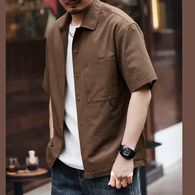 格蓝鹿 高端美式复古薄款凉感山系工装衬衣日系街头潮牌透气吸湿排汗户外露营机能港风短袖衬衫 男女同款