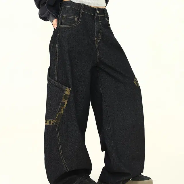 木清清 美式高街豹纹拼接大口袋宽松阔腿裤牛仔裤 女款