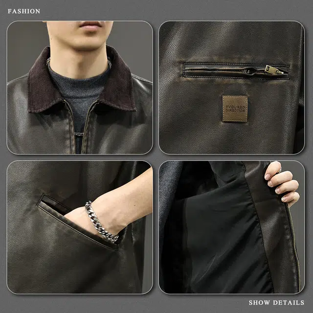 前进牛 潮牌高街痞帅翻领复古长袖皮衣 男款