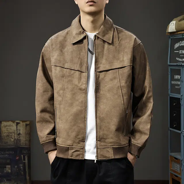 前进牛 美式休闲复古潮牌百搭宽松工装皮衣 男款