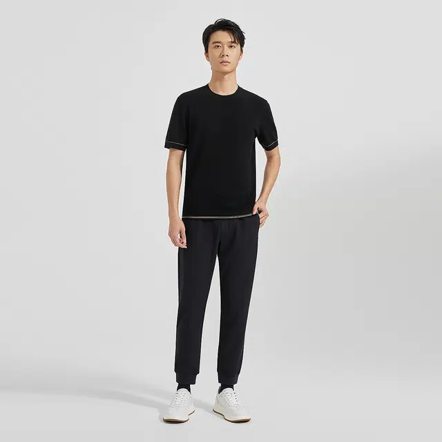 利郎 可机洗羊毛圆领毛衫百搭潮流时尚短袖毛衣 男款 黑色