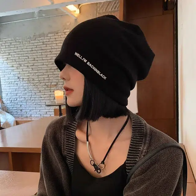 恩僾德 黑色堆堆帽女秋冬季大头围显脸小包头针织小众高百搭颜值冷帽产后产妇月子潮 聚酯纤维 帽子 男女同款情侣款