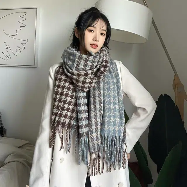 恩僾德 韩版流苏双面千鸟格加厚保暖 聚酯纤维 绒线围巾 男女同款情侣款