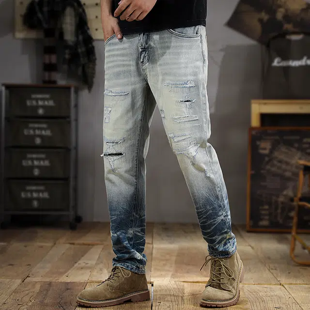 遨宇 美式复古潮牌破洞极简修身小脚做旧痞帅休闲百搭九分牛仔裤 男款