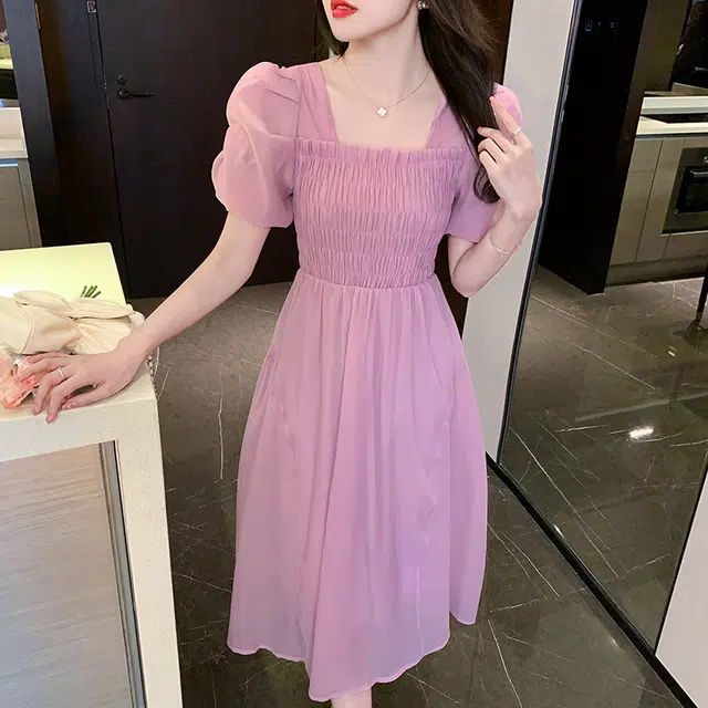 纤丝鸟 夏 温柔风名媛法式时尚简约舒适显瘦气质女神短袖连衣裙 女款
