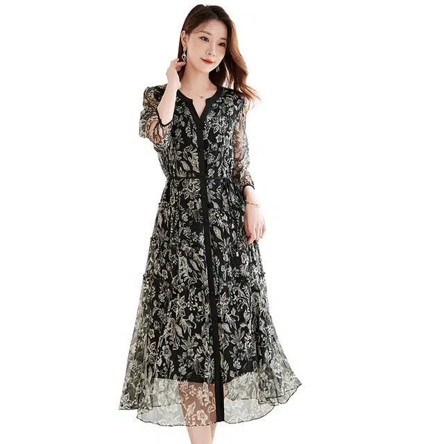 水墨佳人 印花时尚显瘦百搭舒适短袖连衣裙 女款 黑色