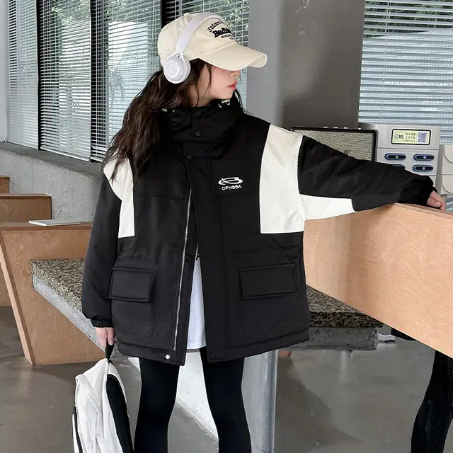 雅鹿棉衣 时尚潮流甜美气质保暖加绒加厚拼色宽松轻盈 黑色 青少年