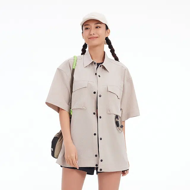 美特斯邦威 山系户外工装肌理宽松短袖衬衫 男女同款