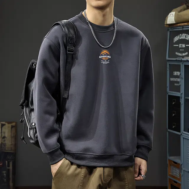 前进牛 秋季美式复古经典潮流潮牌痞帅百搭重磅极简风休闲内搭户外打底衫宽松圆领长袖上衣卫衣 男款