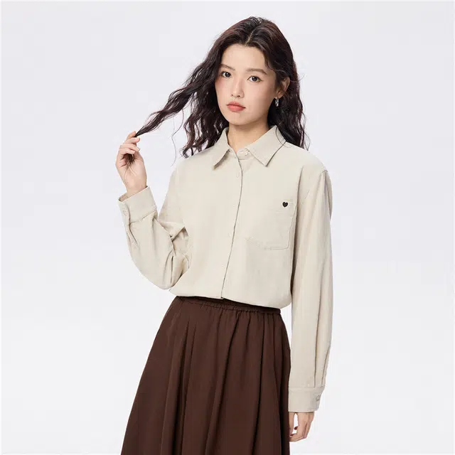 佐丹奴 灯芯绒衬衣复古纯棉刺绣口袋长袖衬衫 女款