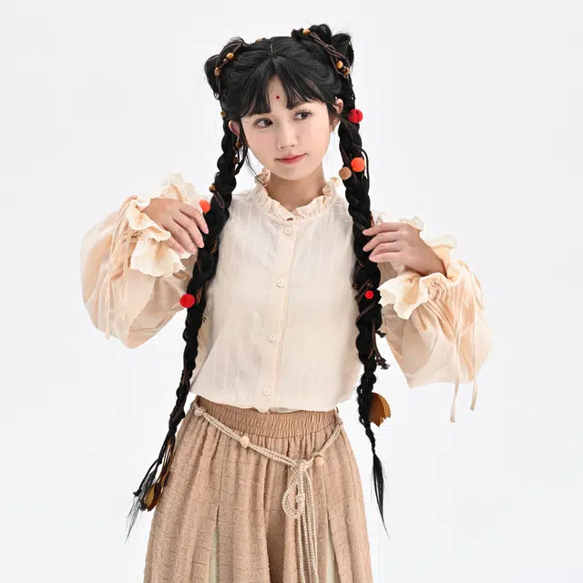 森女部落 基础款花边立领宽松长袖衬衫 女款 杏色