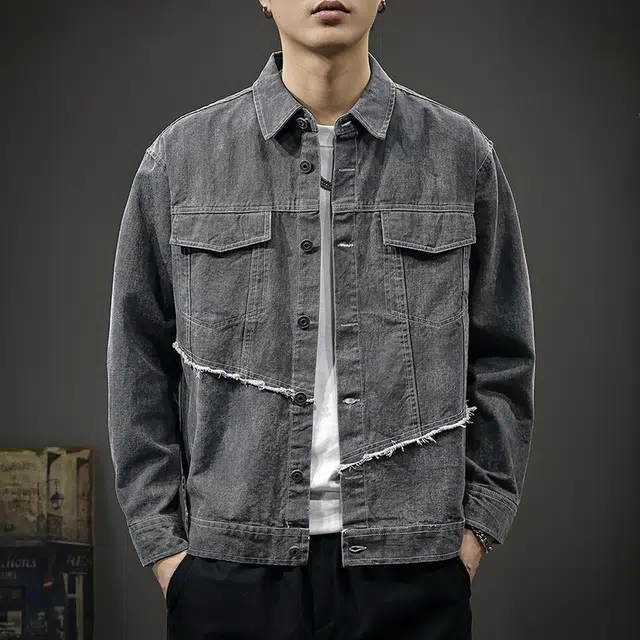 前进牛 美式经典复古潮牌高街痞帅耐磨拼接毛边潮流嘻哈街头纯棉洗褪印花做旧翻领工装牛仔外套 男款