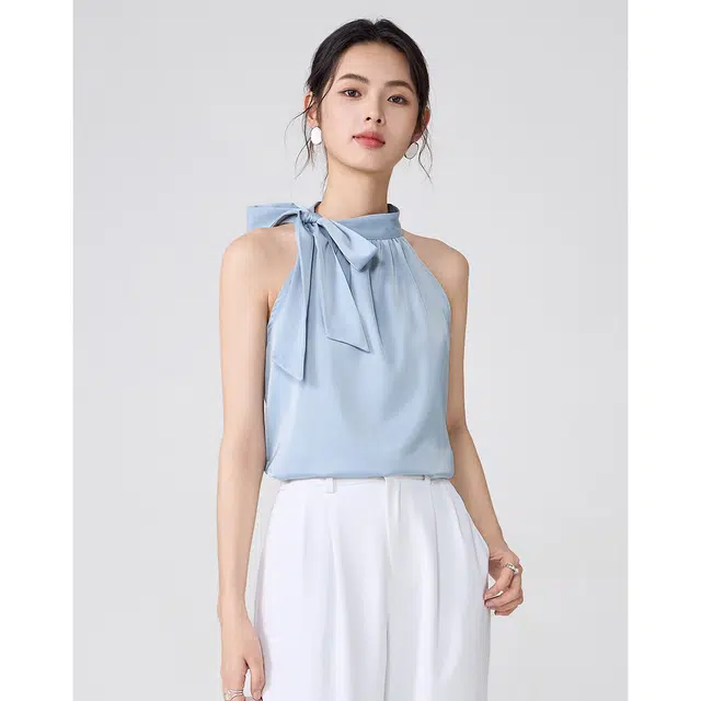 爱依莲 时尚小众蝴蝶结挖肩背心女气质显瘦花衬衣无袖衬衫 修身 女款 冰川蓝