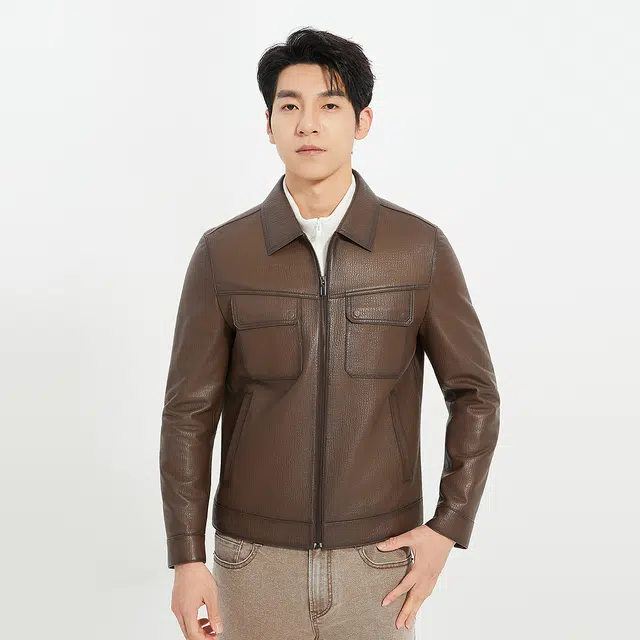 利郎 都市休闲纯色短款翻领质感百搭秋季皮衣 男款