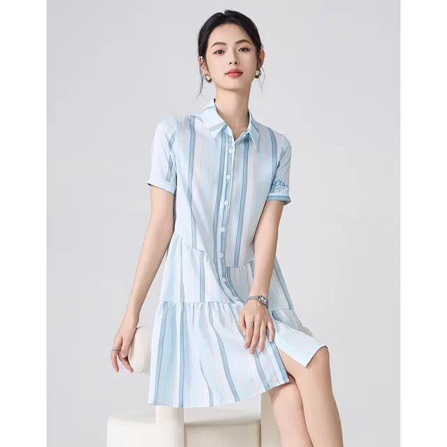 爱依莲 时尚舒适百搭短袖连衣裙 女款 蓝色