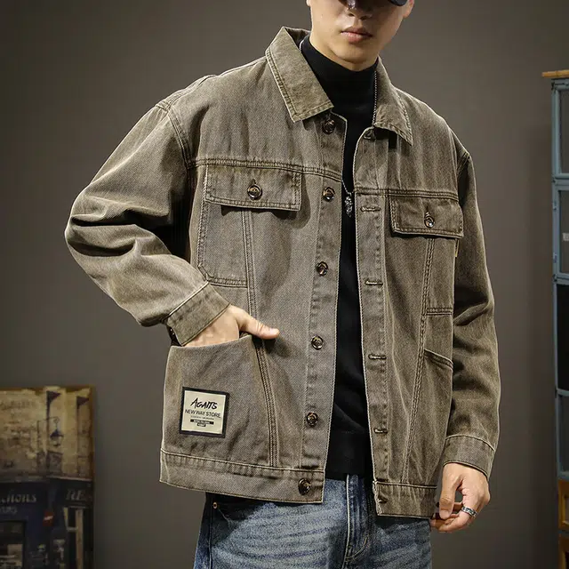 前进牛 美式休闲经典复古潮牌高街痞帅重磅复古水洗纯棉潮流嘻哈街头宽松大码拼接休闲工装牛仔外套 男款