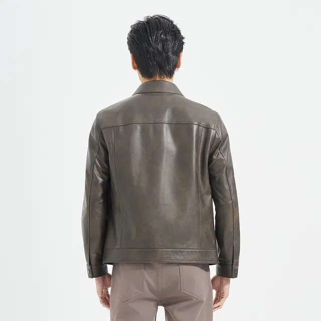 利郎 都市休闲翻领时尚潮流云雾皮短款口袋装饰秋季皮衣 男款