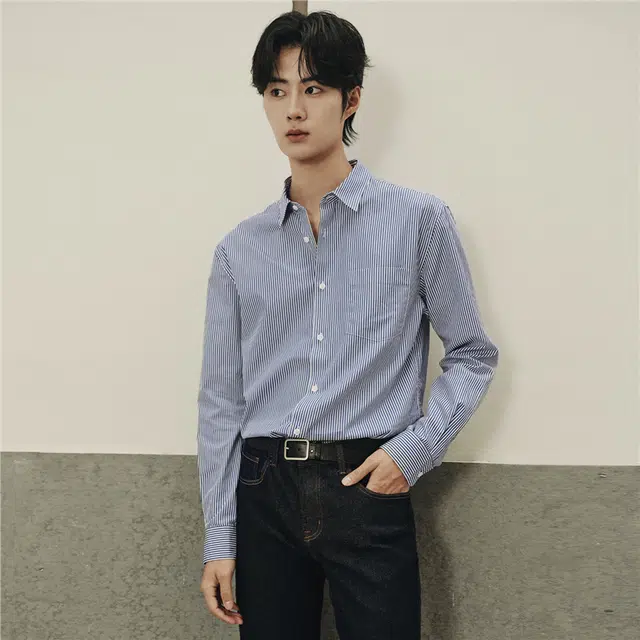佐丹奴 韩国款纯棉府绸单口袋梭织休闲长袖衬衫 男款