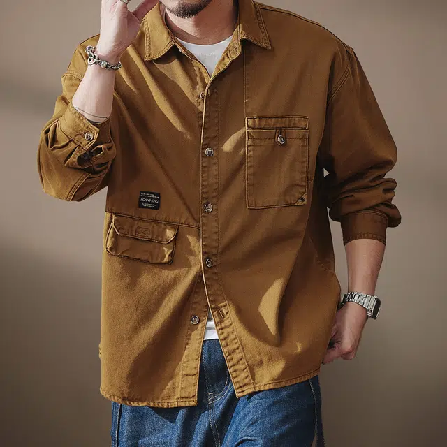贵色 高端美式复古潮牌长袖设计感拼接口袋休闲工装夹克外套衬衫 男女同款