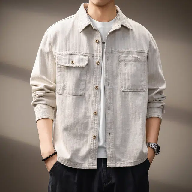 贵色 透气美式复古工装风水洗做旧长袖户外出行经典百搭拼接口袋设计休闲翻领上衣衬衫 男女同款