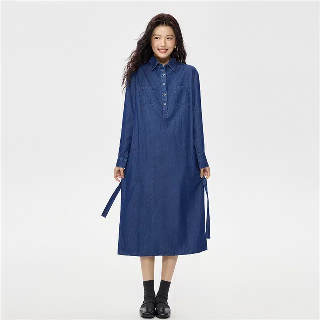 佐丹奴 纯棉薄款口袋绑带翻领牛仔长袖连衣裙 女款
