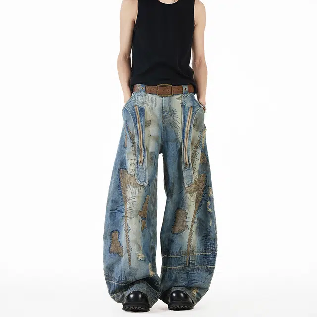 太子龍 美式复古破洞弯刀宽松直筒牛仔裤 男女同款