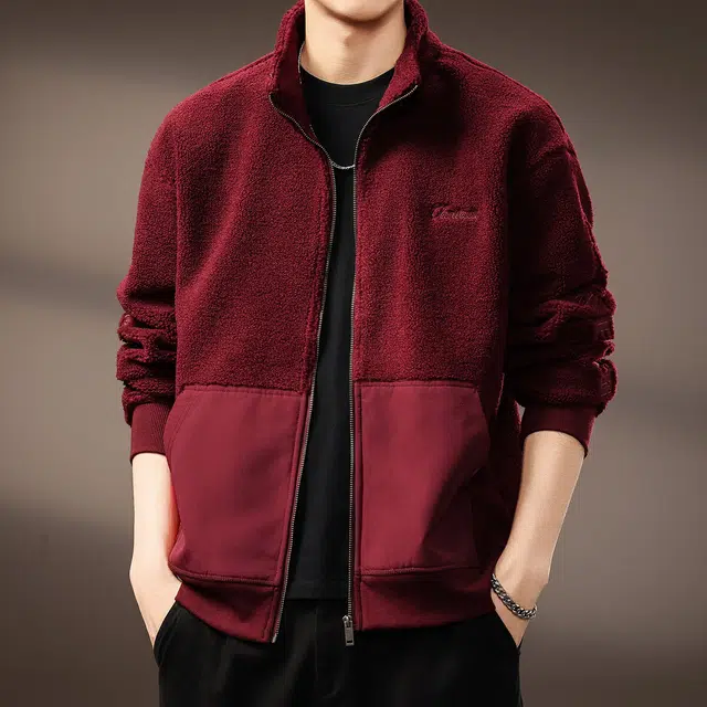 贵色 美式潮流羊羔绒棉长袖舒适柔软潮牌复古风穿搭休闲拼接拼色创意设计休闲立领上衣绒感外套 男女同款