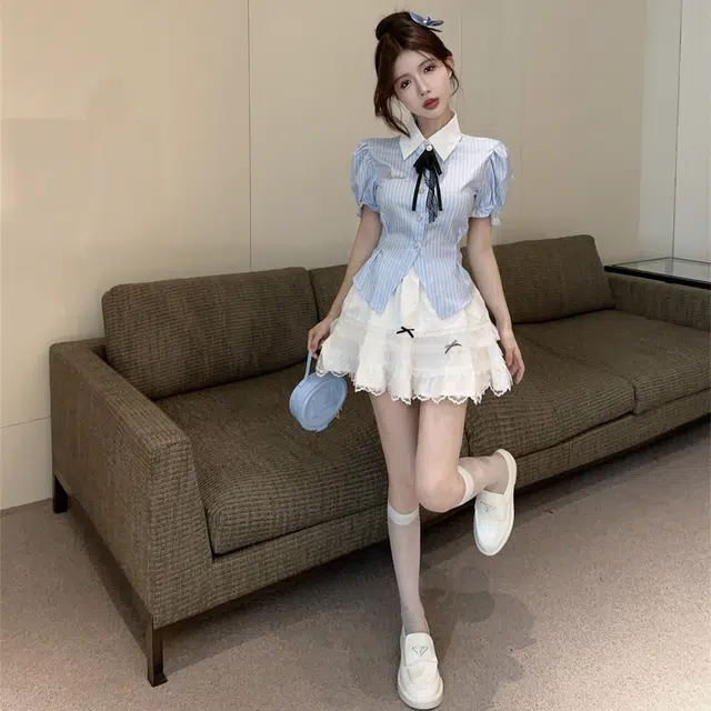 纤丝鸟 韩系甜美减龄小清新翻领衬衣高腰设计感蓬蓬裙裙装套装 女款